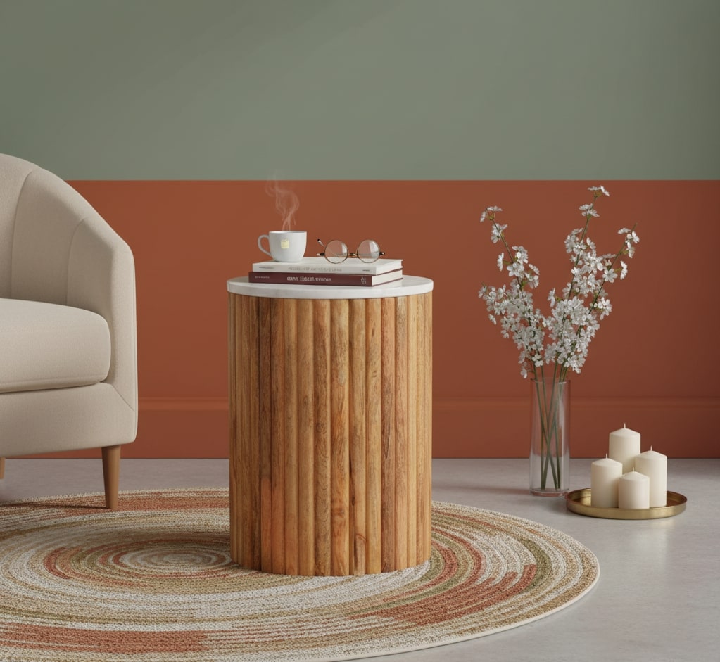 Beacon Oak Fluted Pedestal Marble Side Table