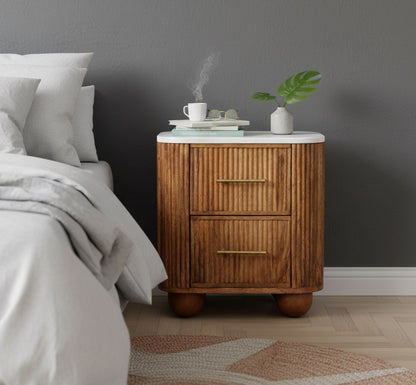 Beacon Teak Fluted 2 Drawer Marble Nightstand