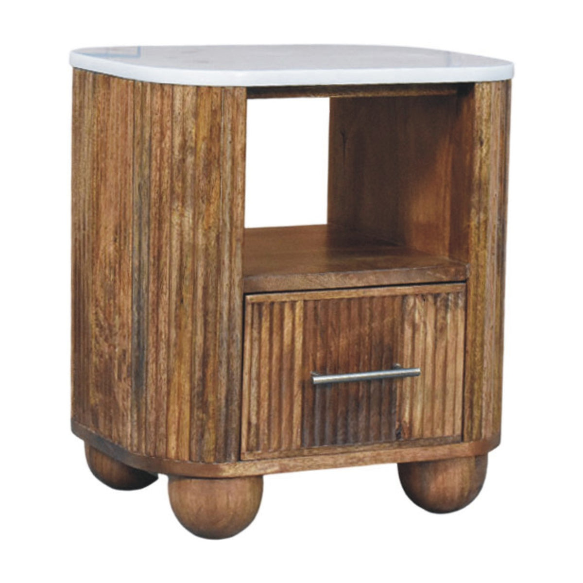 Beacon Teak Fluted 1 Drawer Marble Nightstand