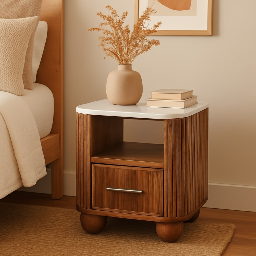Beacon Teak Fluted 1 Drawer Marble Nightstand