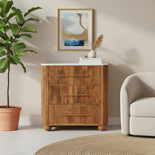 Beacon Teak Fluted 3 Drawer Marble Dresser