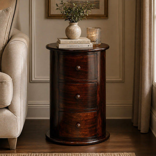 Montecito Walnut Drum 3 Drawer Chest