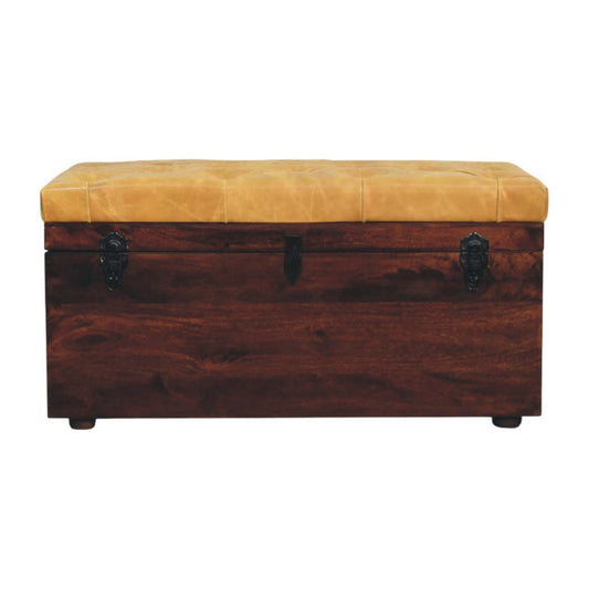Sutton Buffalo Leather Tan Walnut Storage Trunk Bench
