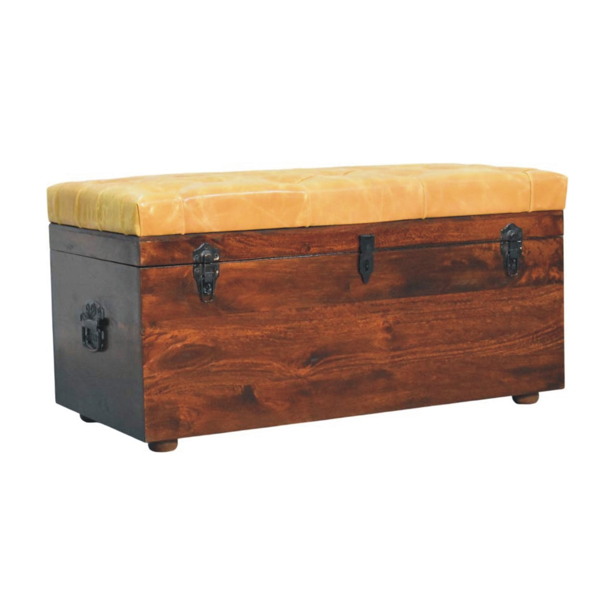 Sutton Buffalo Leather Tan Walnut Storage Trunk Bench