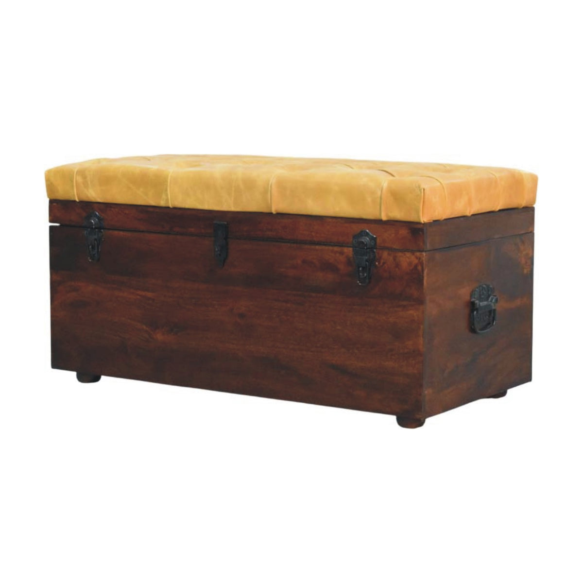 Sutton Buffalo Leather Tan Walnut Storage Trunk Bench