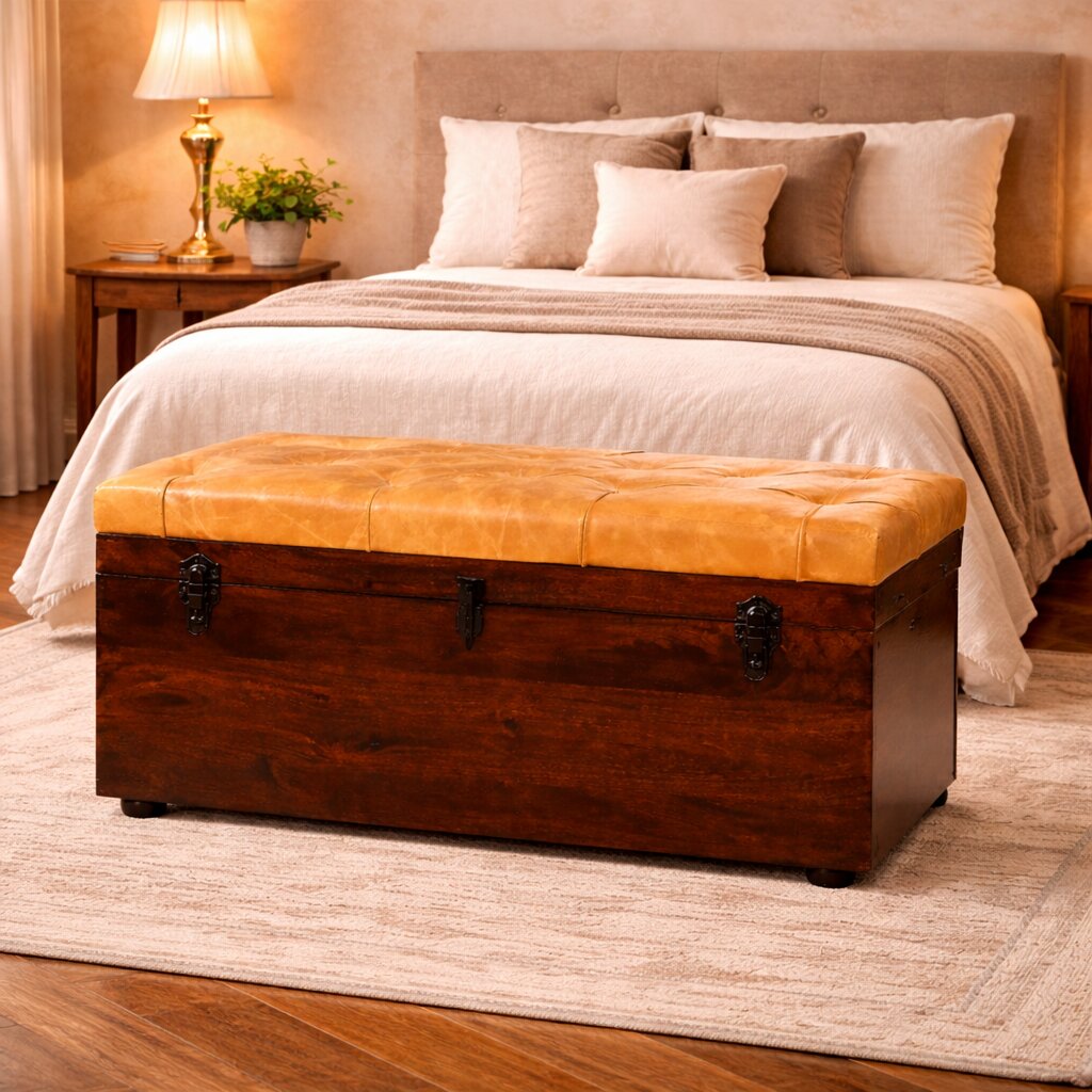 Sutton Buffalo Leather Tan Walnut Storage Trunk Bench