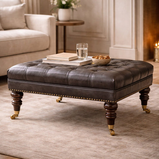 Sutton Buffalo Black Tufted Leather Ottoman