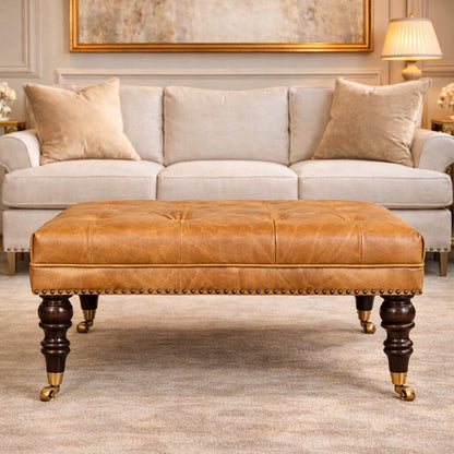 Sutton Buffalo Leather Tan Tufted Ottoman