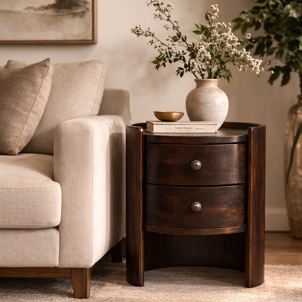 Mocha Round 2 Drawer Timber Accent Table