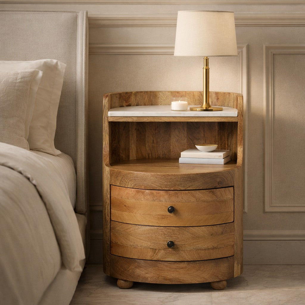 Beacon Oak Curved 2 Drawer Marble Nightstand