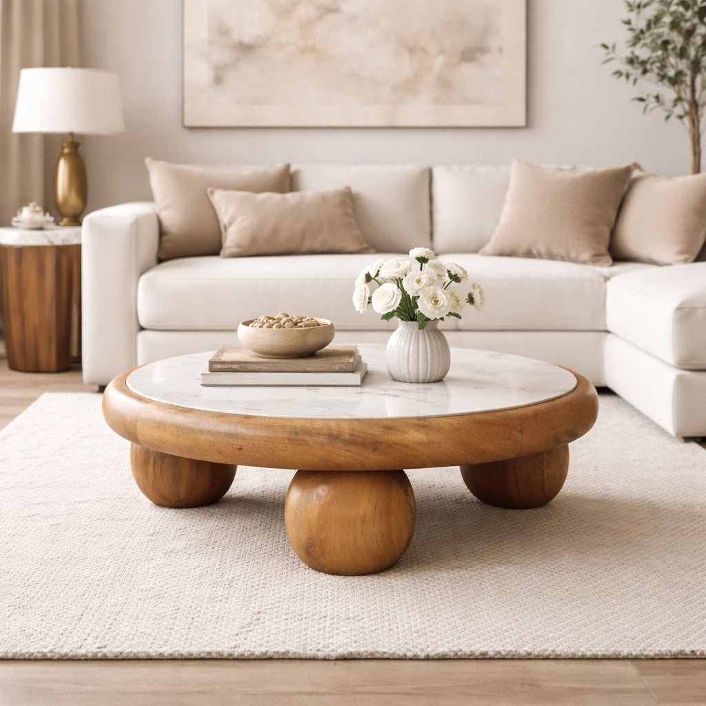 Beacon Oak Round Marble Ball Feet Coffee Table