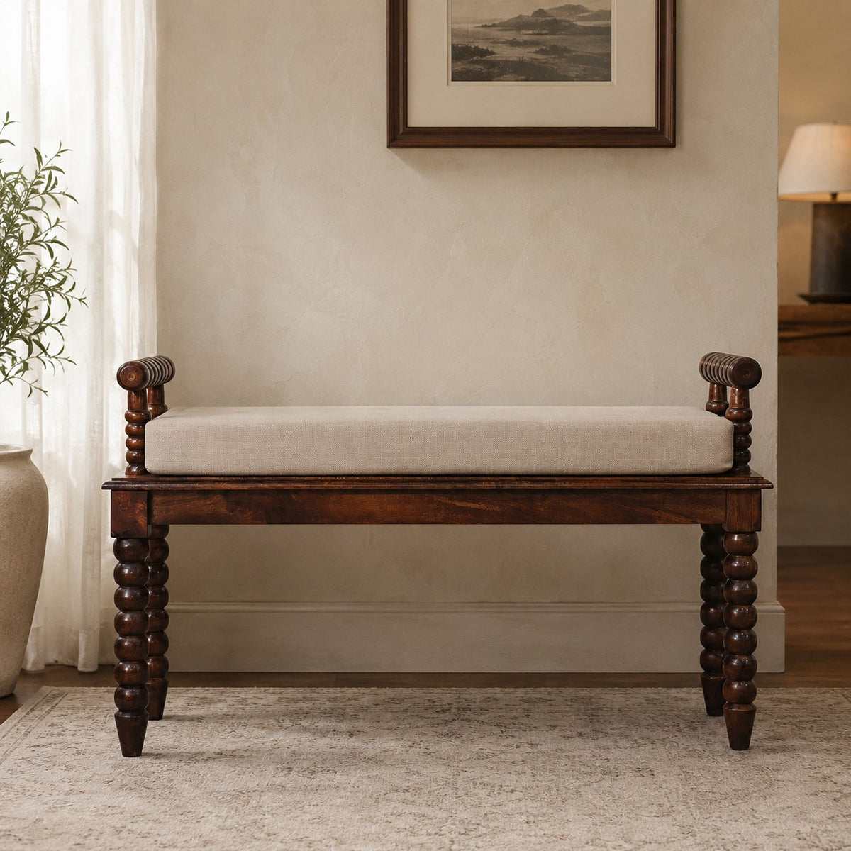 Savannah Spindle Chestnut Upholstered Bench