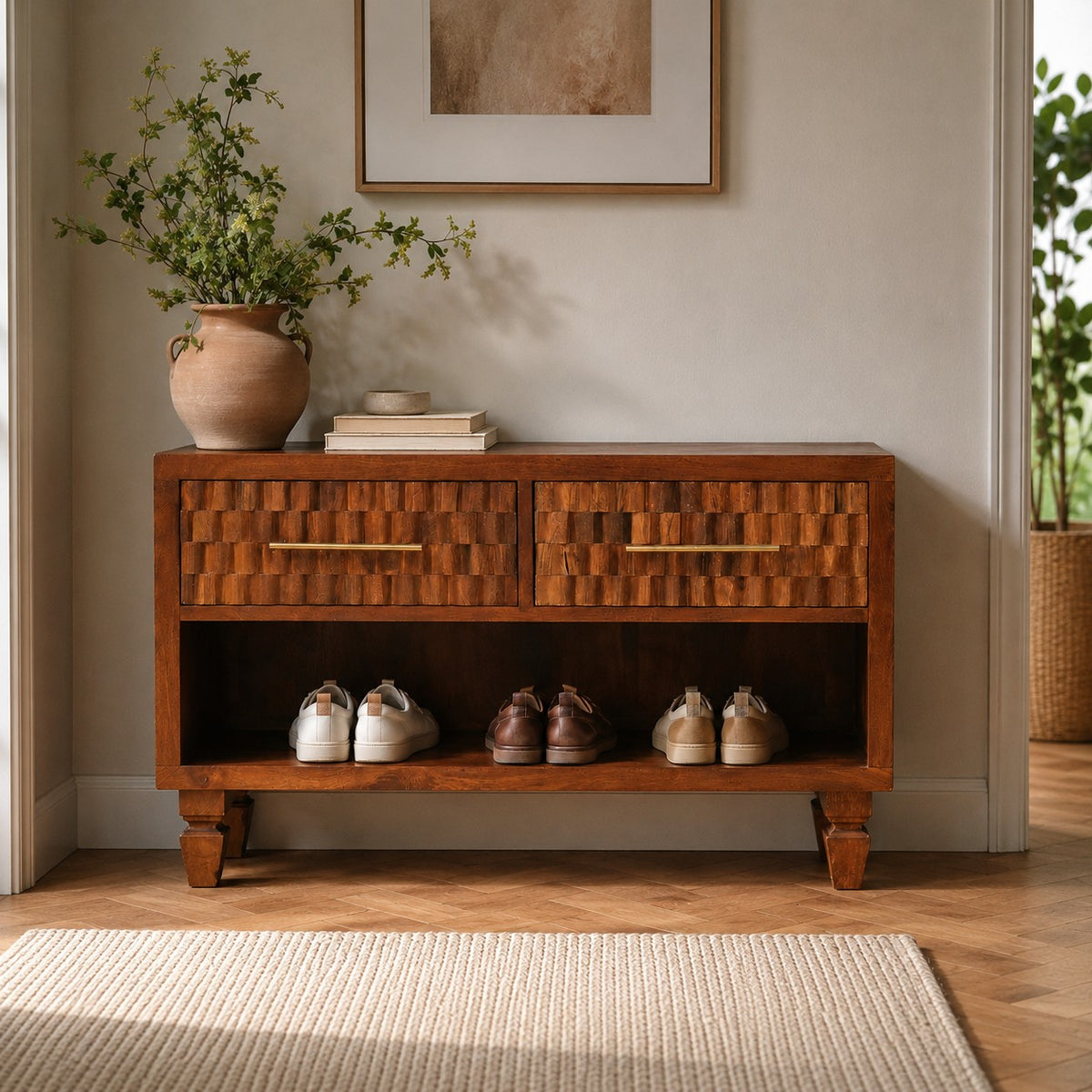 Santa Fe Carved Chestnut Shoe Storage Bench