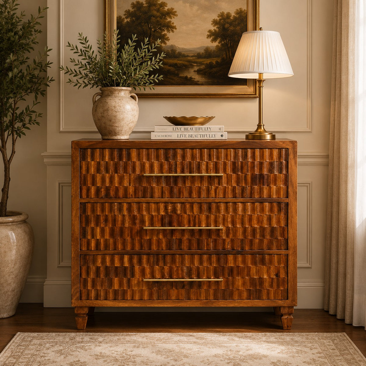 Santa Fe Carved Chestnut 3 Drawer Wood Chest