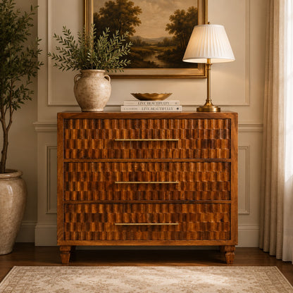 Santa Fe Carved Chestnut 3 Drawer Wood Chest