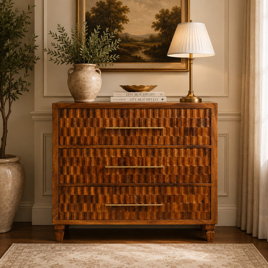 Santa Fe Carved Chestnut 3 Drawer Wood Chest