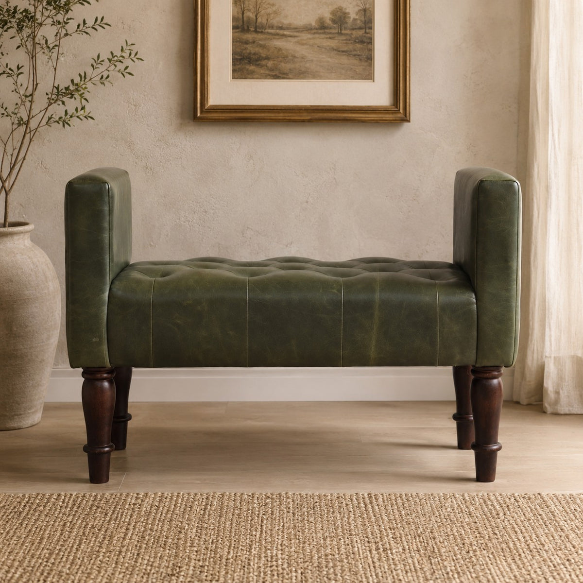 Sutton Buffalo Leather Green Tufted Bedroom Bench