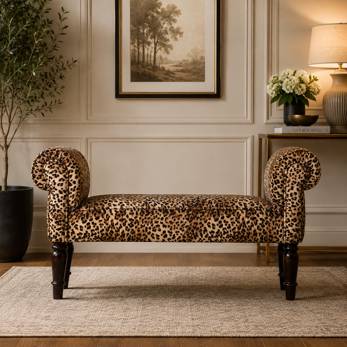 Leona Print Velvet Bench with Turned Legs