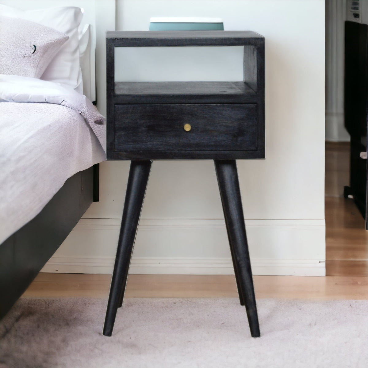 Small Ash Black 1 Drawer Open Shelf Nightstand