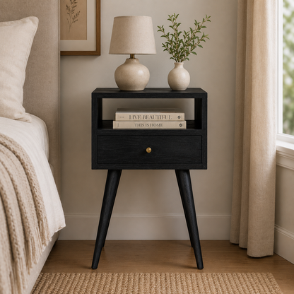 Small Ash Black 1 Drawer Open Shelf Nightstand