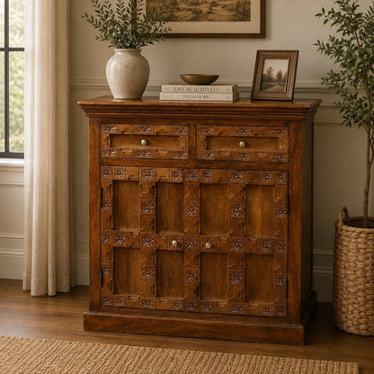Windsor Carved Amber Oak 2 Drawer Cabinet