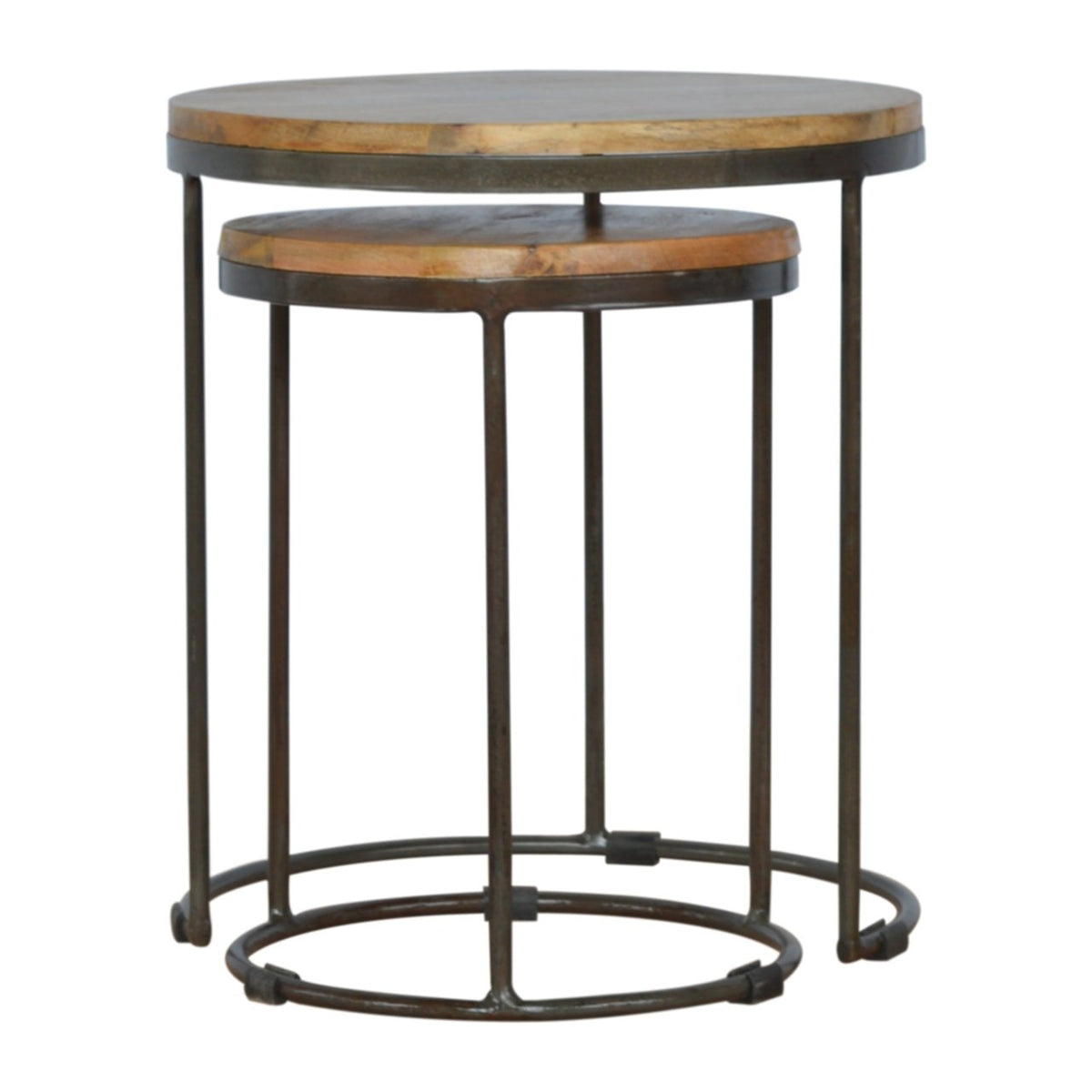 Circular Wood & Black Iron Stools (Set of 2)