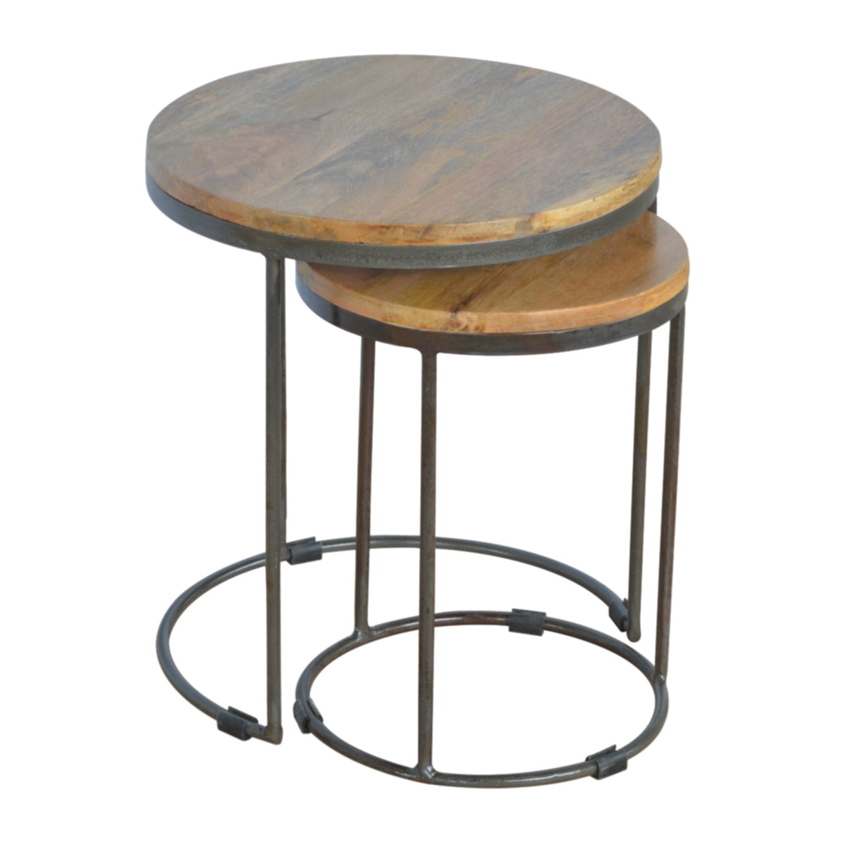 Circular Wood & Black Iron Stools (Set of 2)