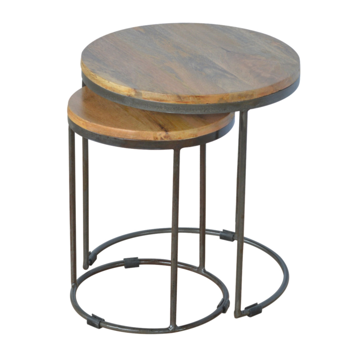 Circular Wood & Black Iron Stools (Set of 2)