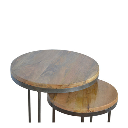Circular Wood & Black Iron Stools (Set of 2)