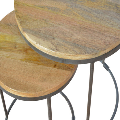 Circular Wood & Black Iron Stools (Set of 2)