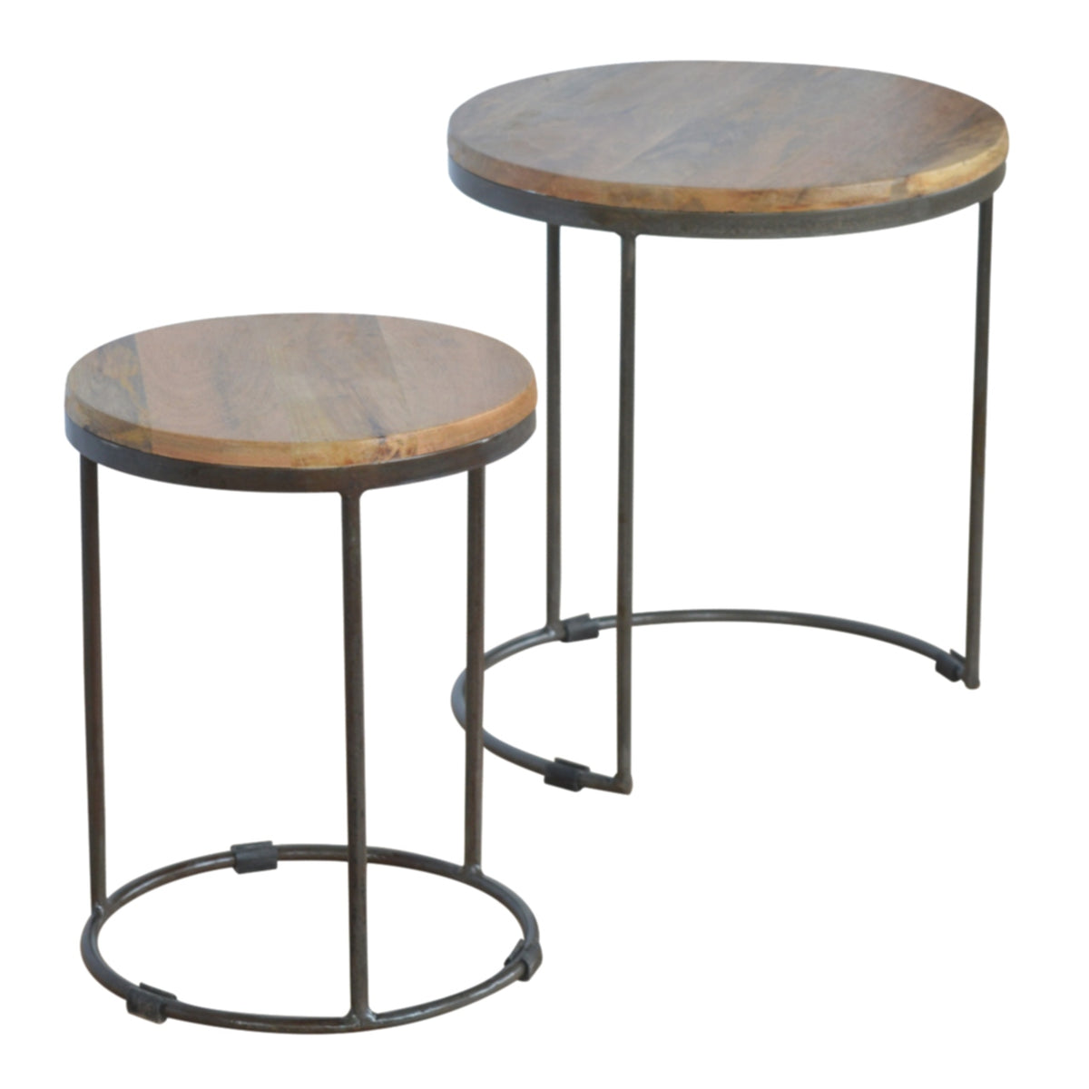 Circular Wood & Black Iron Stools (Set of 2)