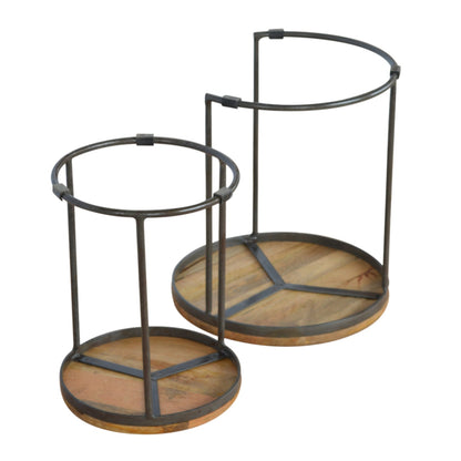 Circular Wood & Black Iron Stools (Set of 2)